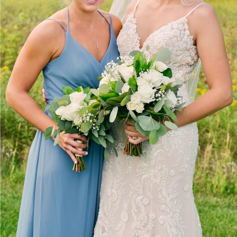 DAVIDS BRIDAL DUSTY BLUE BRIDESMAID DRESS